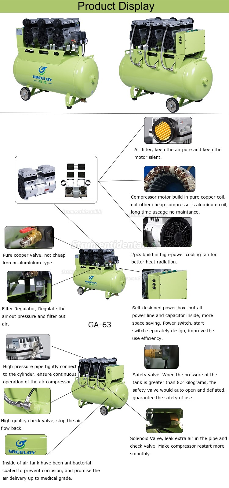 Greeloy® GA-63 90 litri compressore silenziato dentista senza olio 1800W